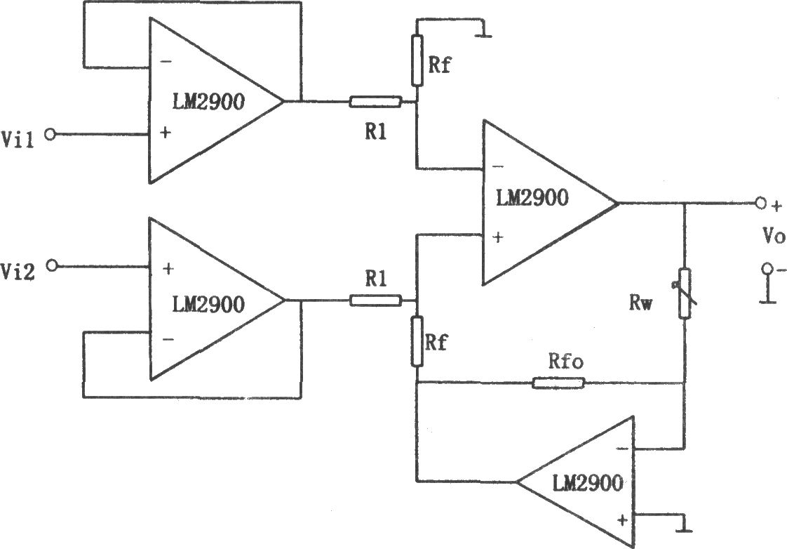 《LM2900构成的增益可线性调节的减法电路》相关图片 LM2900构成的增益可线性调节的减法电路