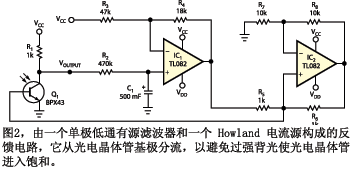 由一个单极低通有源滤波器和一个 Howland 电流源构成的反馈电路,它从光电晶体管基极分流,以避免过强背光使光电晶体管进入饱和
