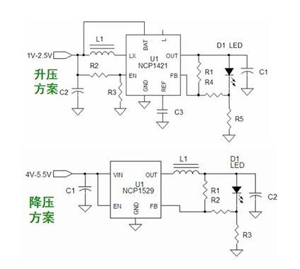 基于NCP1421的升压型和基于NCP1529的降压型1~3W手电筒LED应用电路图