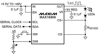 图1. 350mA线性HB LED驱动器IC MAX16806能够省去微控制器或开关模式转换器
