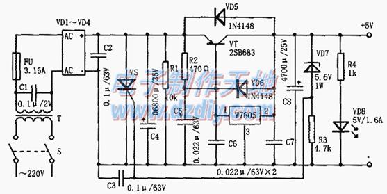 带保护功能的5V稳压电源电路图High-current power supply