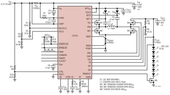 图 1,效率为98%、功率为50W (25V、2A)的降压-升压型LED驱动器具50:1的调光比。