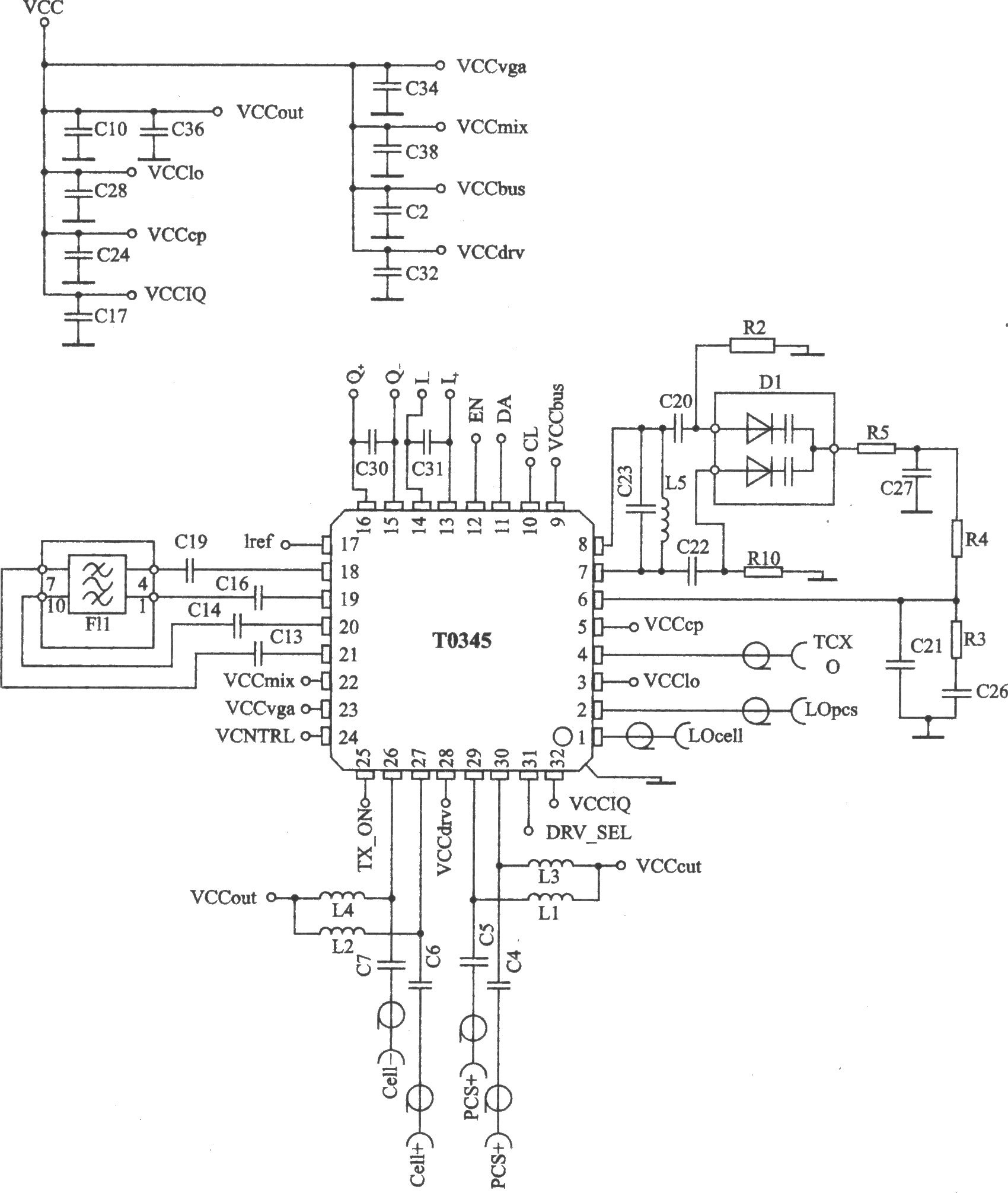 T0345 I/Q AMPS/CDMA l900～1750 MHz/849～824 MHz双频三模发射
