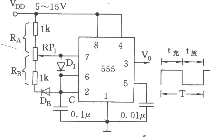 555构成的占空比可调的方波产生器电路