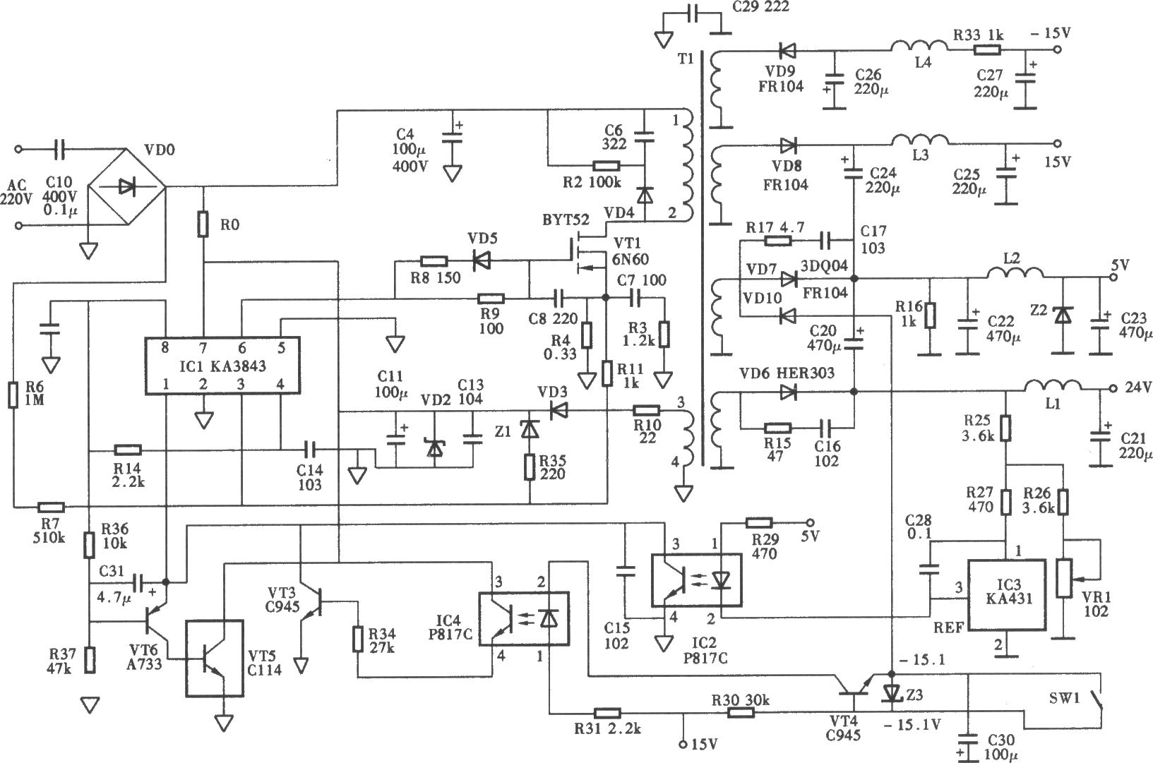 中晶MRS-1200TP扫描仪开关电源电路