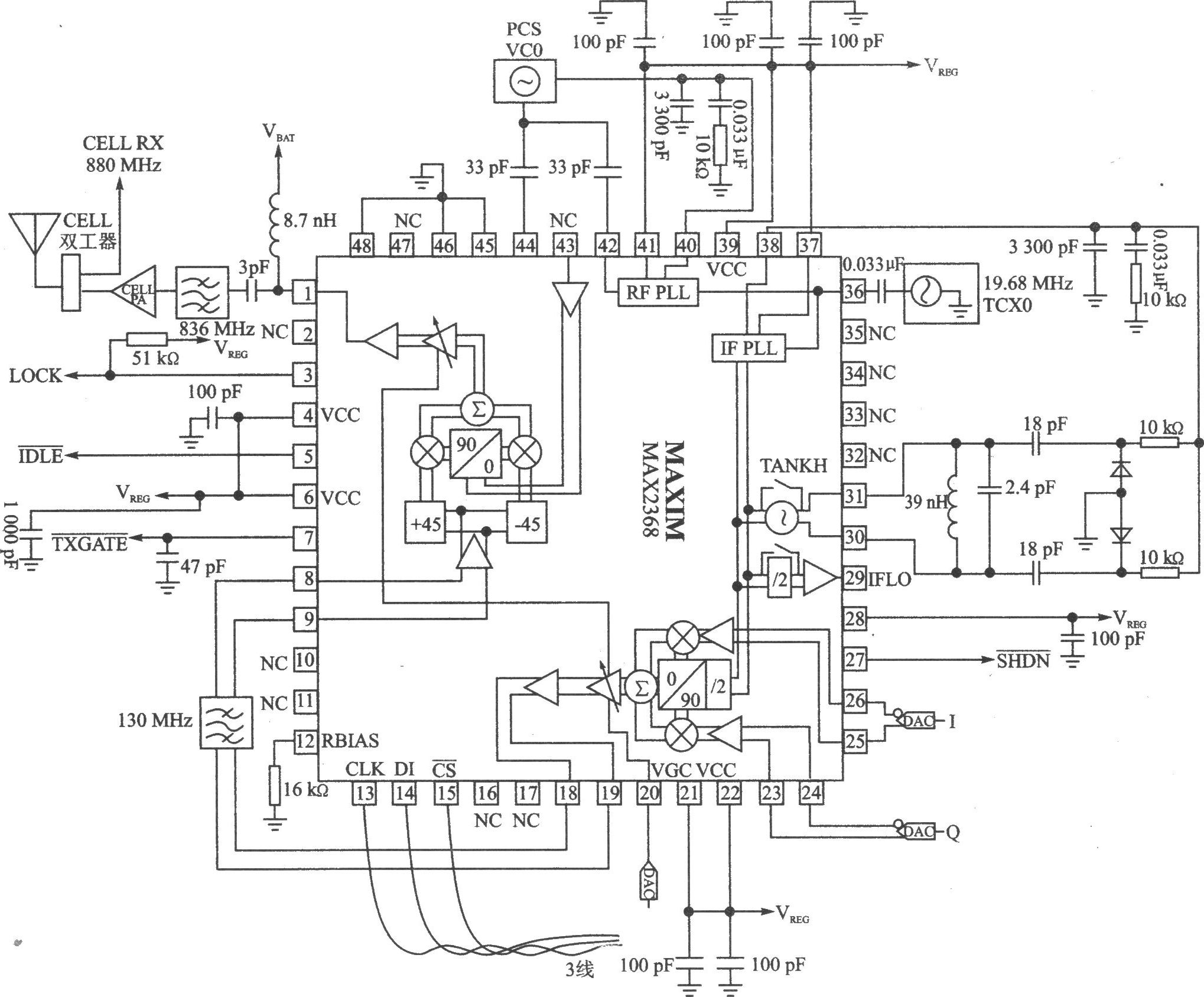 MAX2366/MAX2367/MAX2368 I/Q 2000～1700 MHz/1000～800 MHz双频