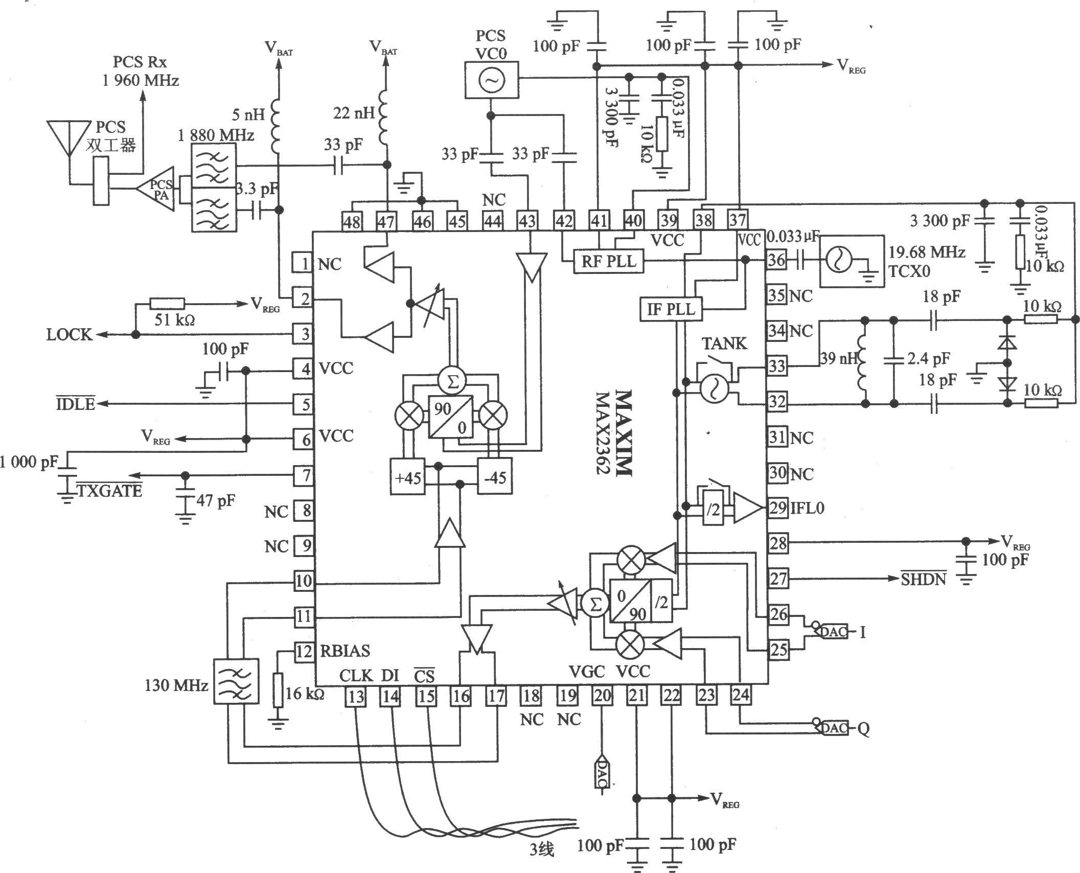 MAX2360/MAX2362/MAX2364 I/Q2000～1700 MHz/1000～800 MHz双频