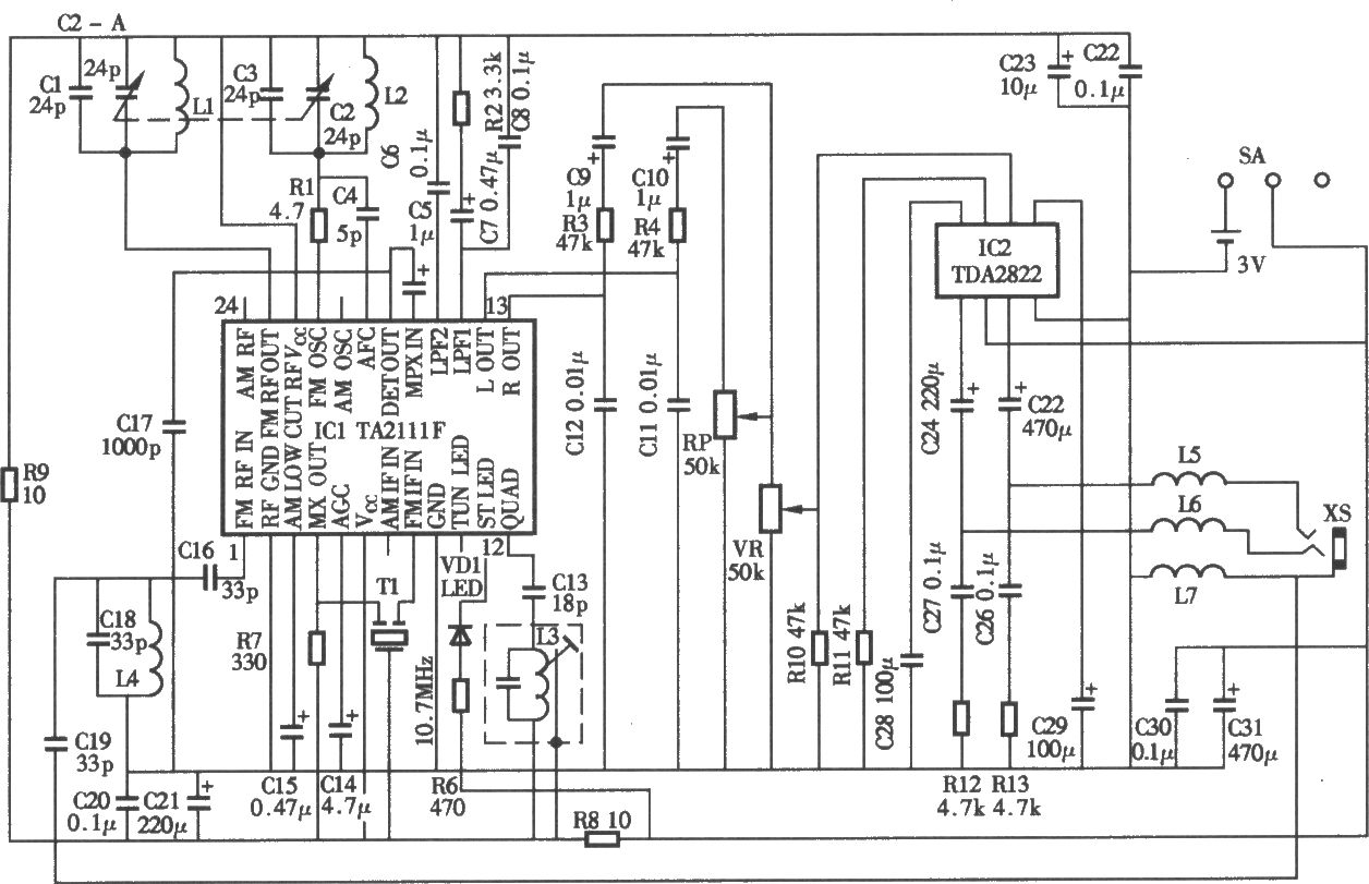 采用TA2111F袖珍调频立体声收音机电路