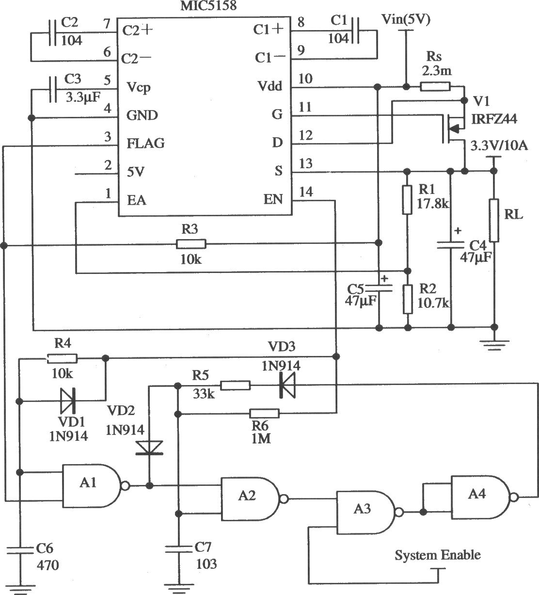 由MIC5158与一些其他器件构成的5V输入、3.3V／10A输出并且具有短