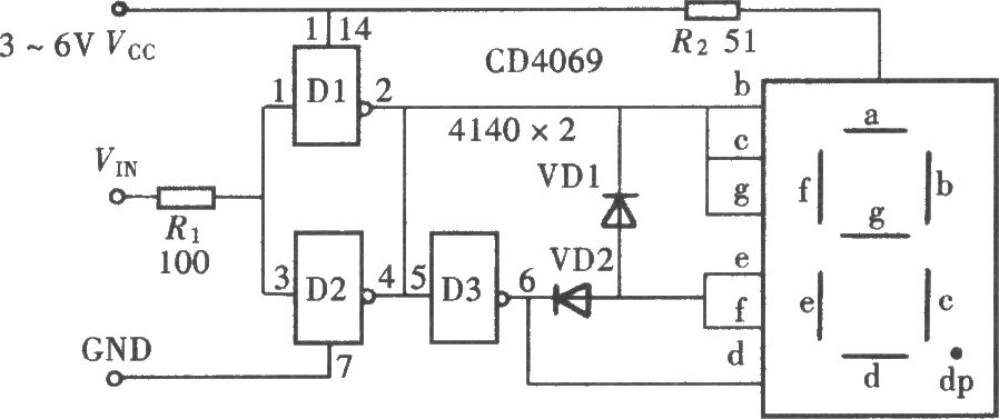用门电路组成的文字显示型逻辑笔之一(CD4069)