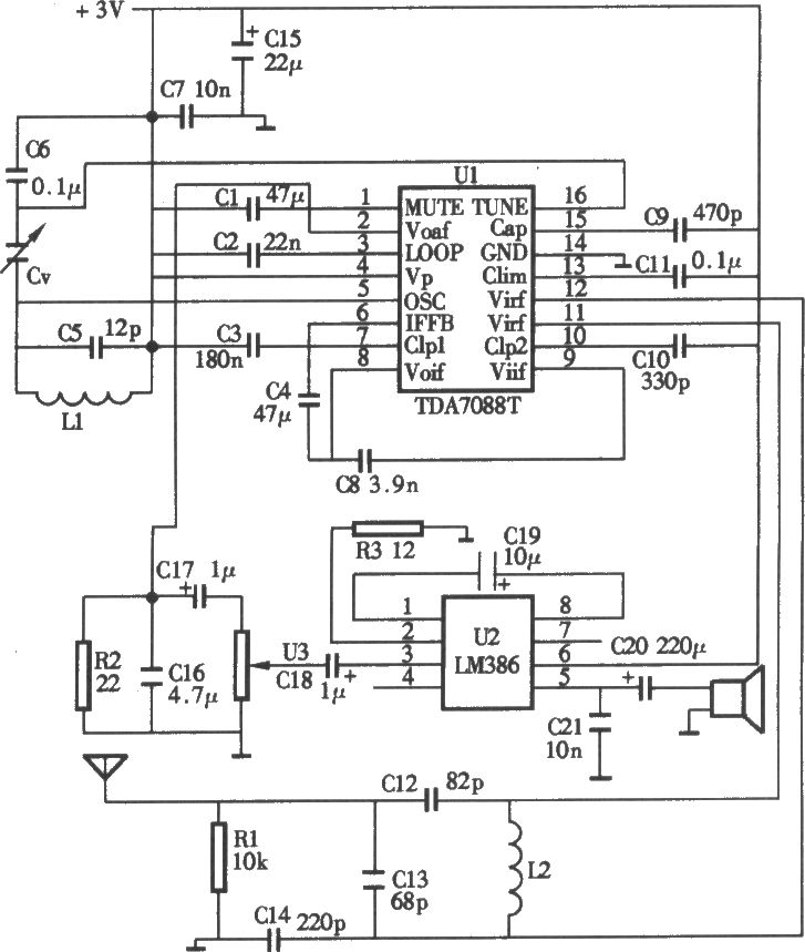 采用TDA7088T单片收音机电路