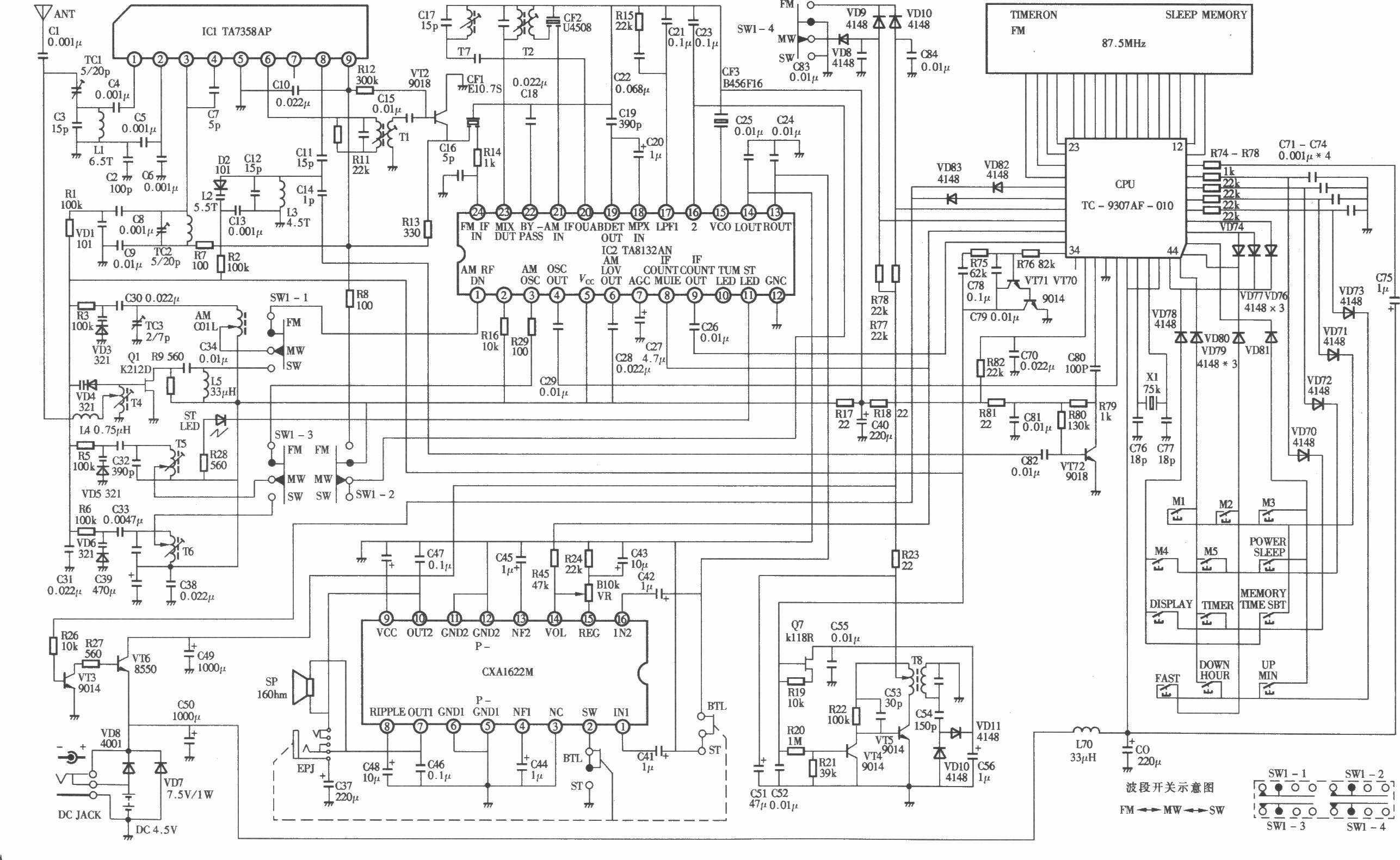 德生PL-737数字调谐式全波段立体声钟控收音机电路
