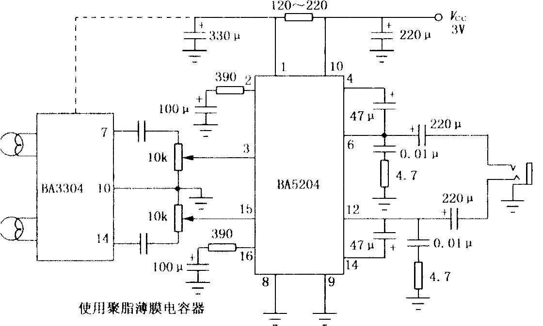 BA5204/5204F 3V双声道音频功率放大器的典型应用电路