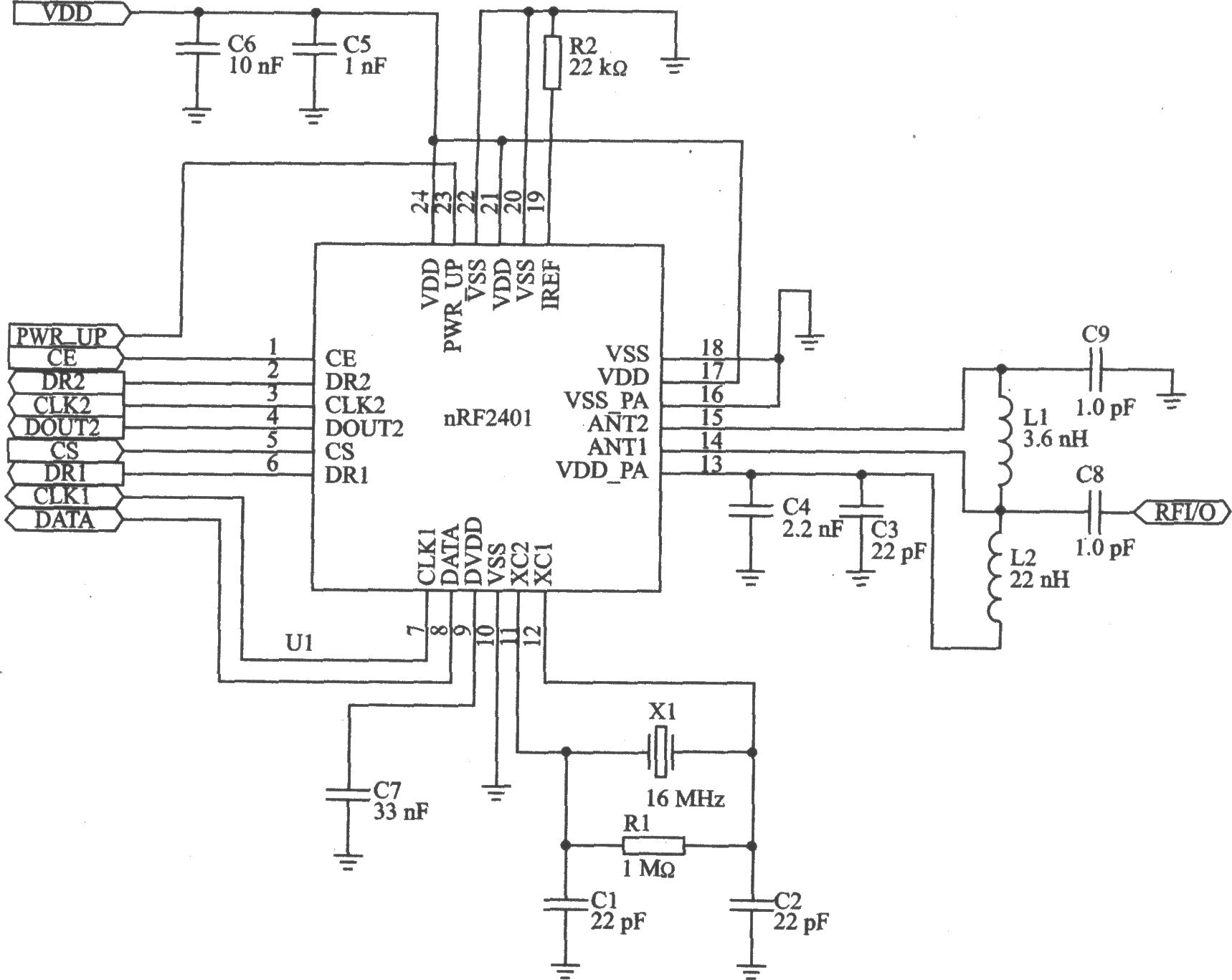 nRF2401 GFSK 2.4 GHz收发器