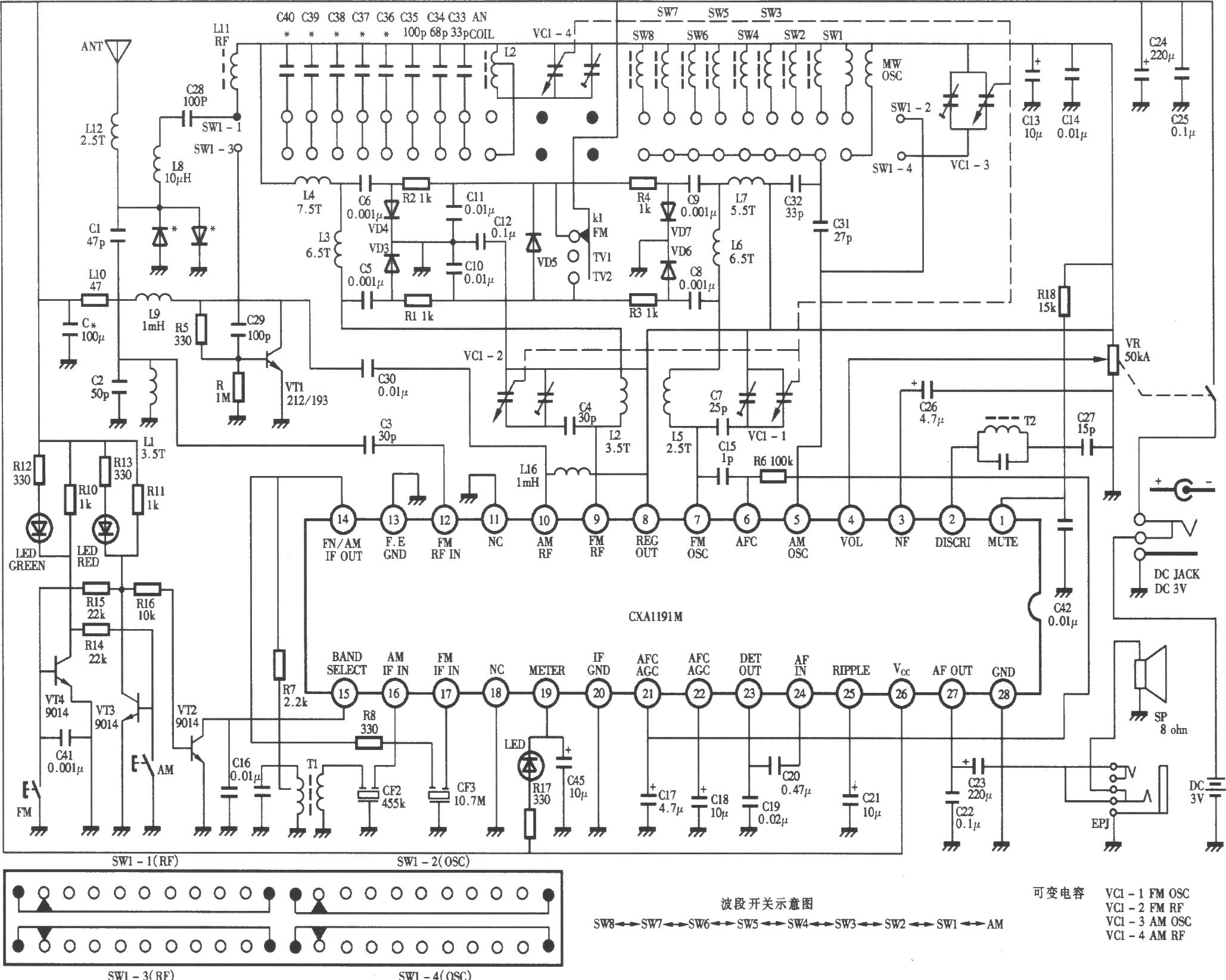 德生l012型12波段调频、中波、短波、电视伴音收音机电路