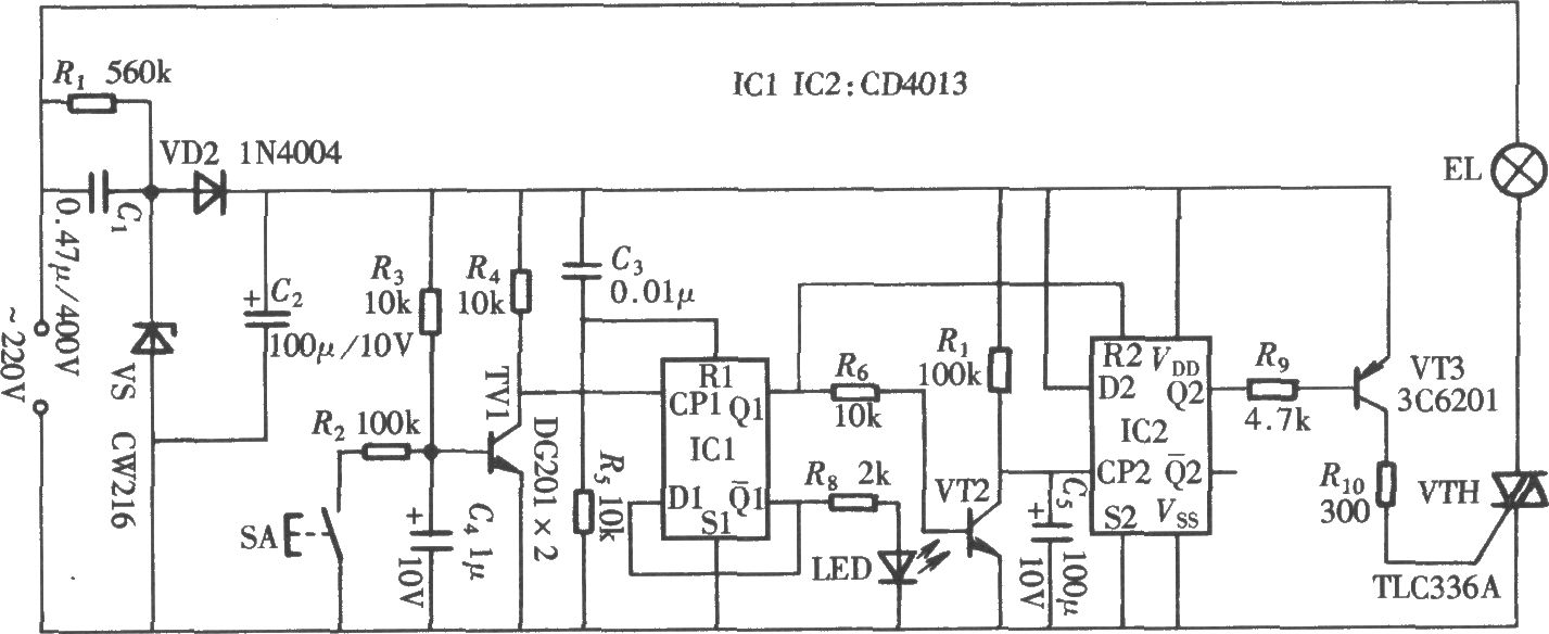 由CD4013组成的轻触式延时开关电路
