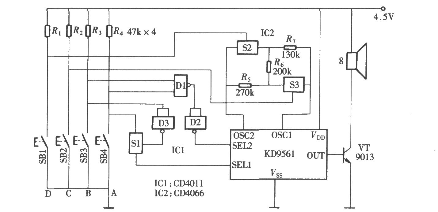 由CD4011、CD4066组成的十六声音响发声电路