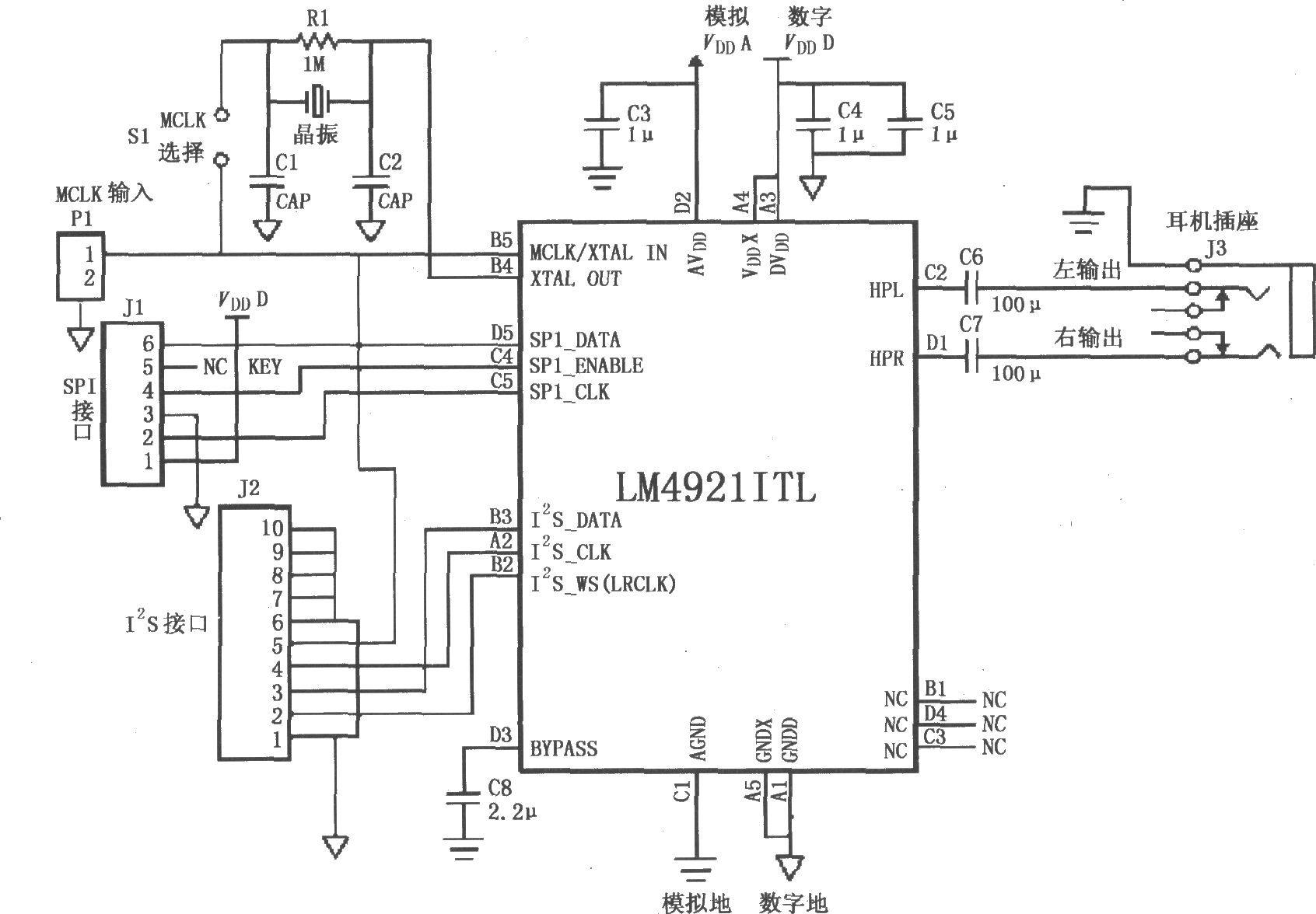 LM4921用于双声道耳机放大器的典型电路