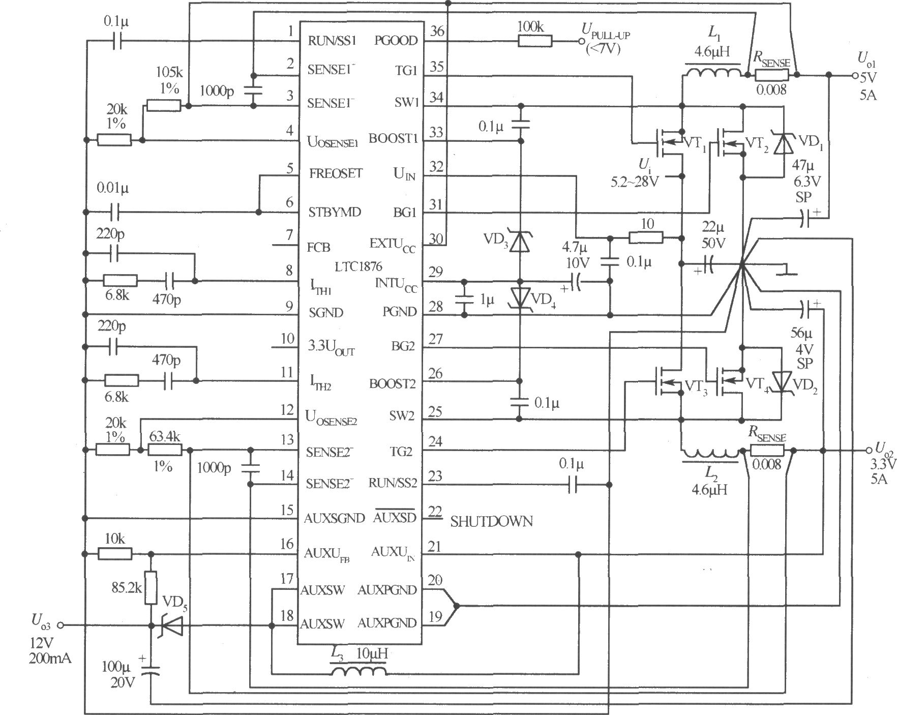 高效三输出电压5V／3.3V，12V／200mA电源电路(LTC1876)