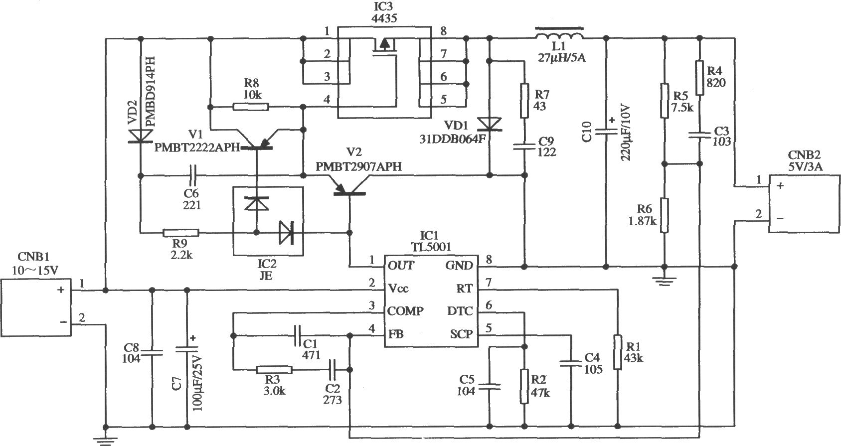 TL5001构成的输入l0～15V、输出5V／3A的开关稳压器应用电路