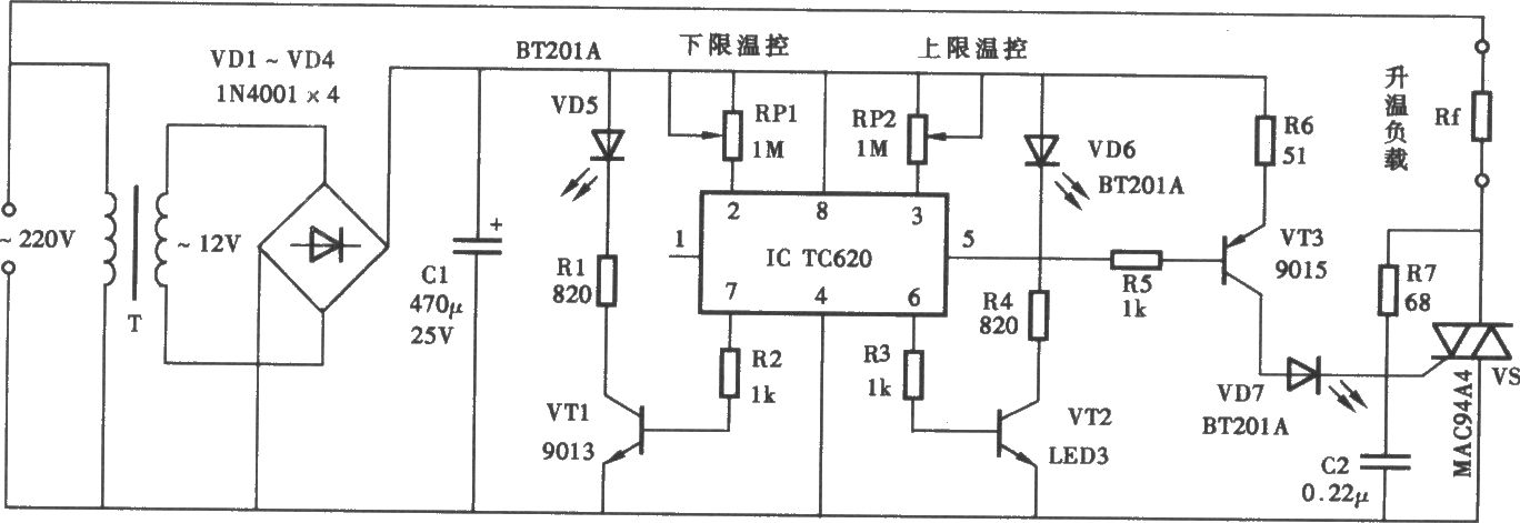 可自行设定温控上、下限值的温控器电路