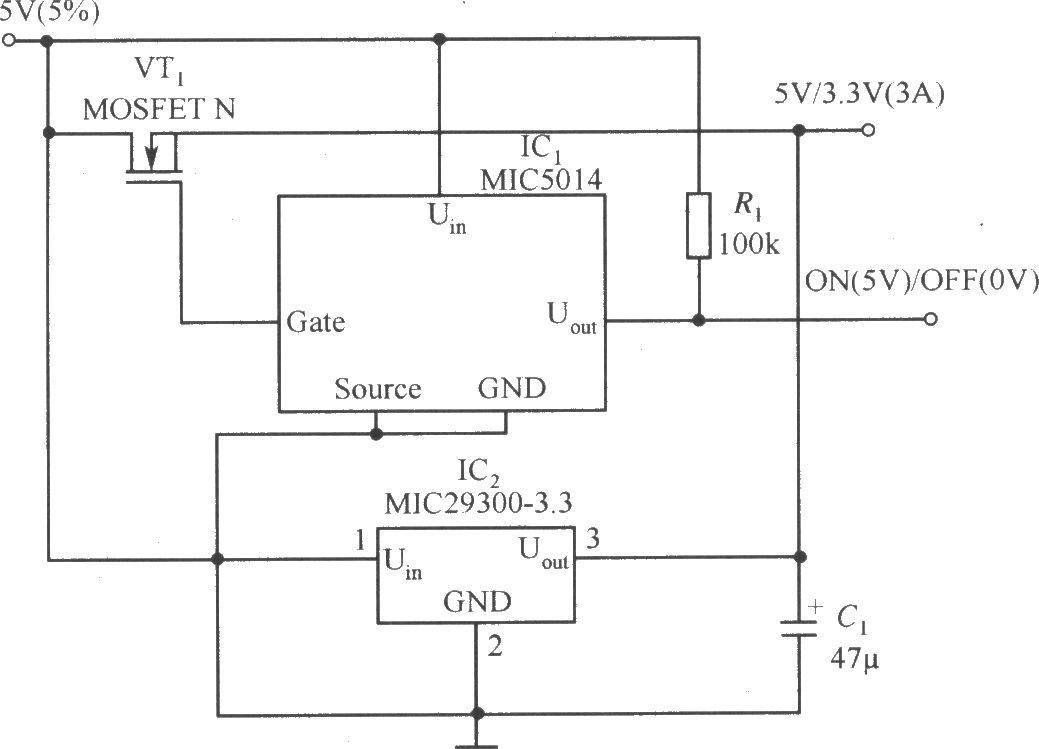 MIC29300-3.3和MIC5014构成的具有开关稳压器的效率和线性稳压器