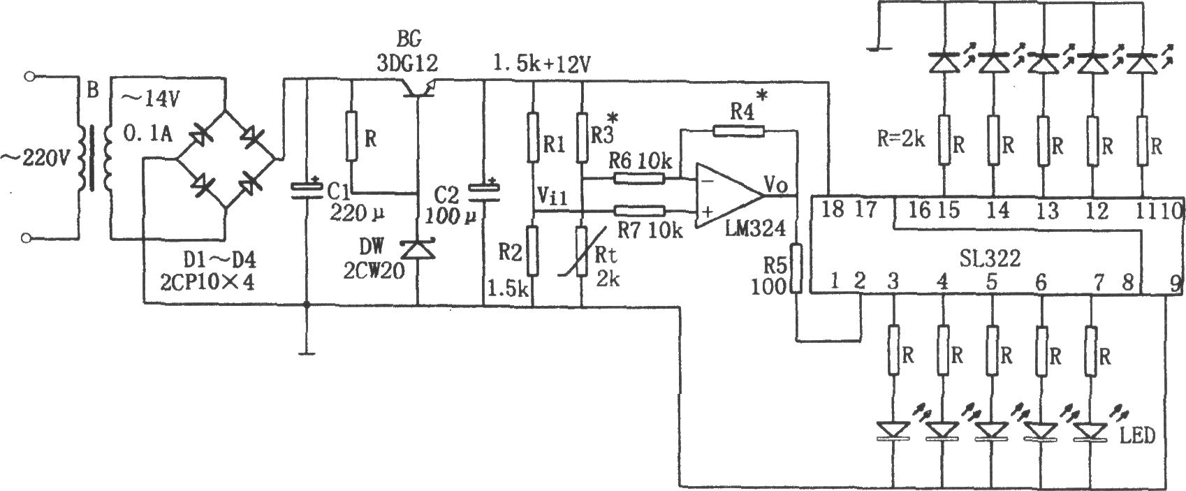 《电冰箱温度告知电路(LM324、SL322)》相关图片 电冰箱温度告知电路(LM324、SL322)