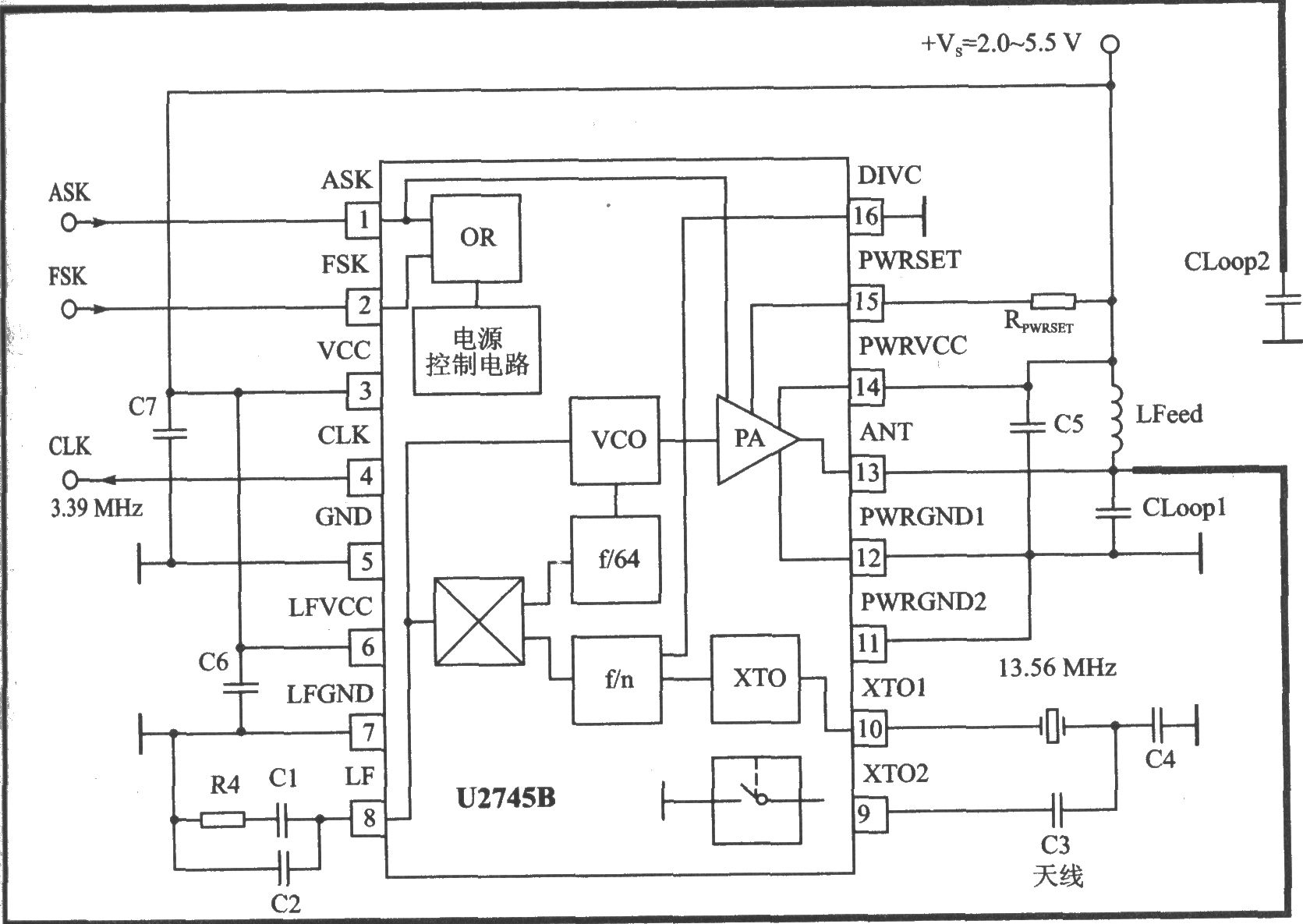 U2741B ASK/FSK 450～300 MHz发射器