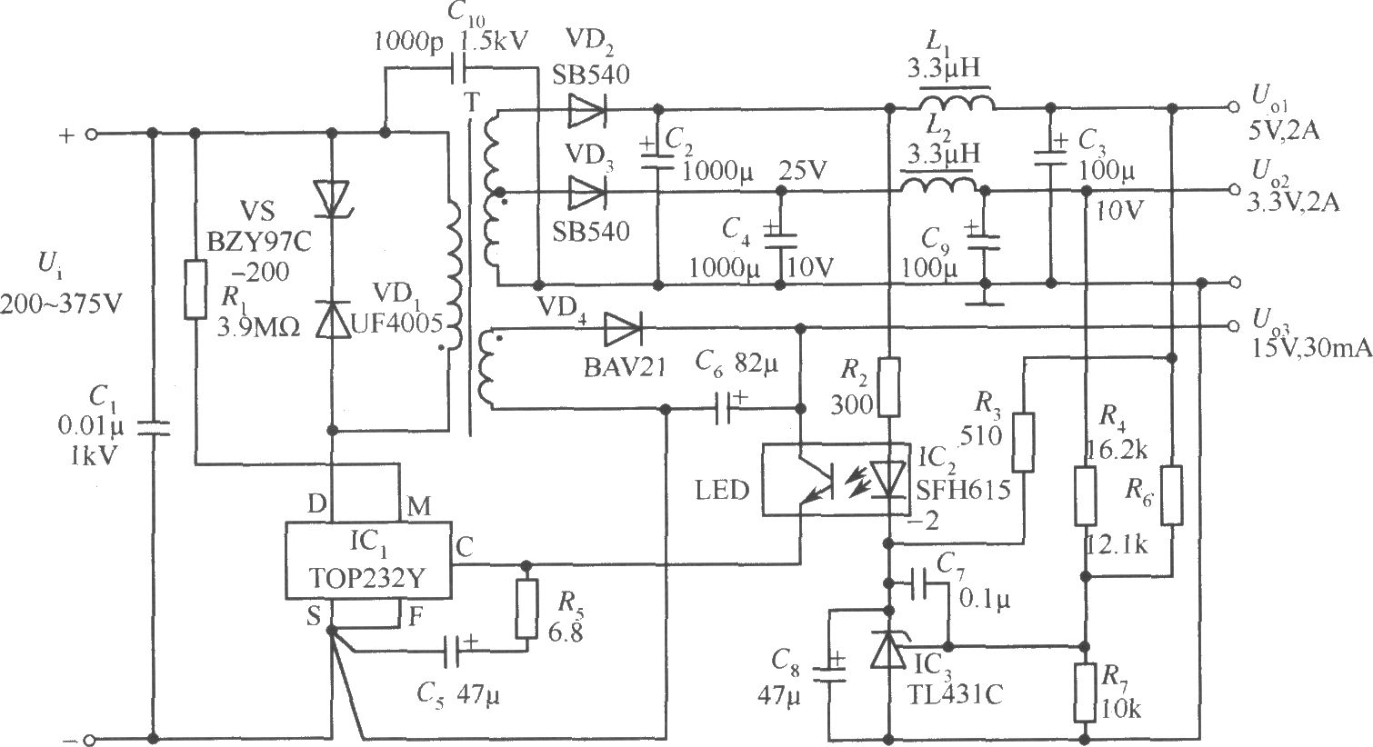 TOP232Y构成的5V、2A，3.3V、2A，15V、30mA 3路输出开关电源电路
