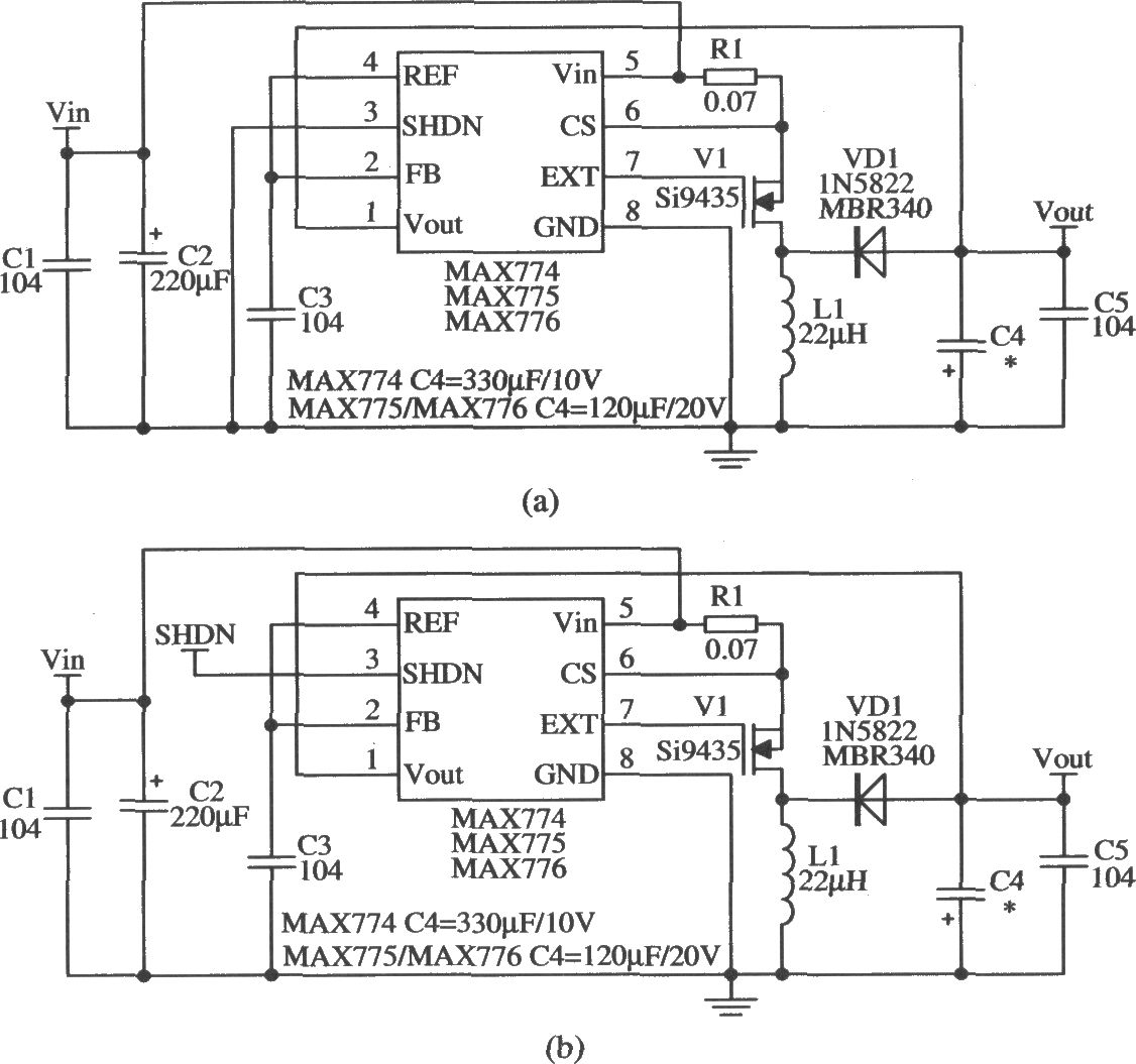 开关集成稳压器MAX774／MAX775／MAX776的典型应用电路