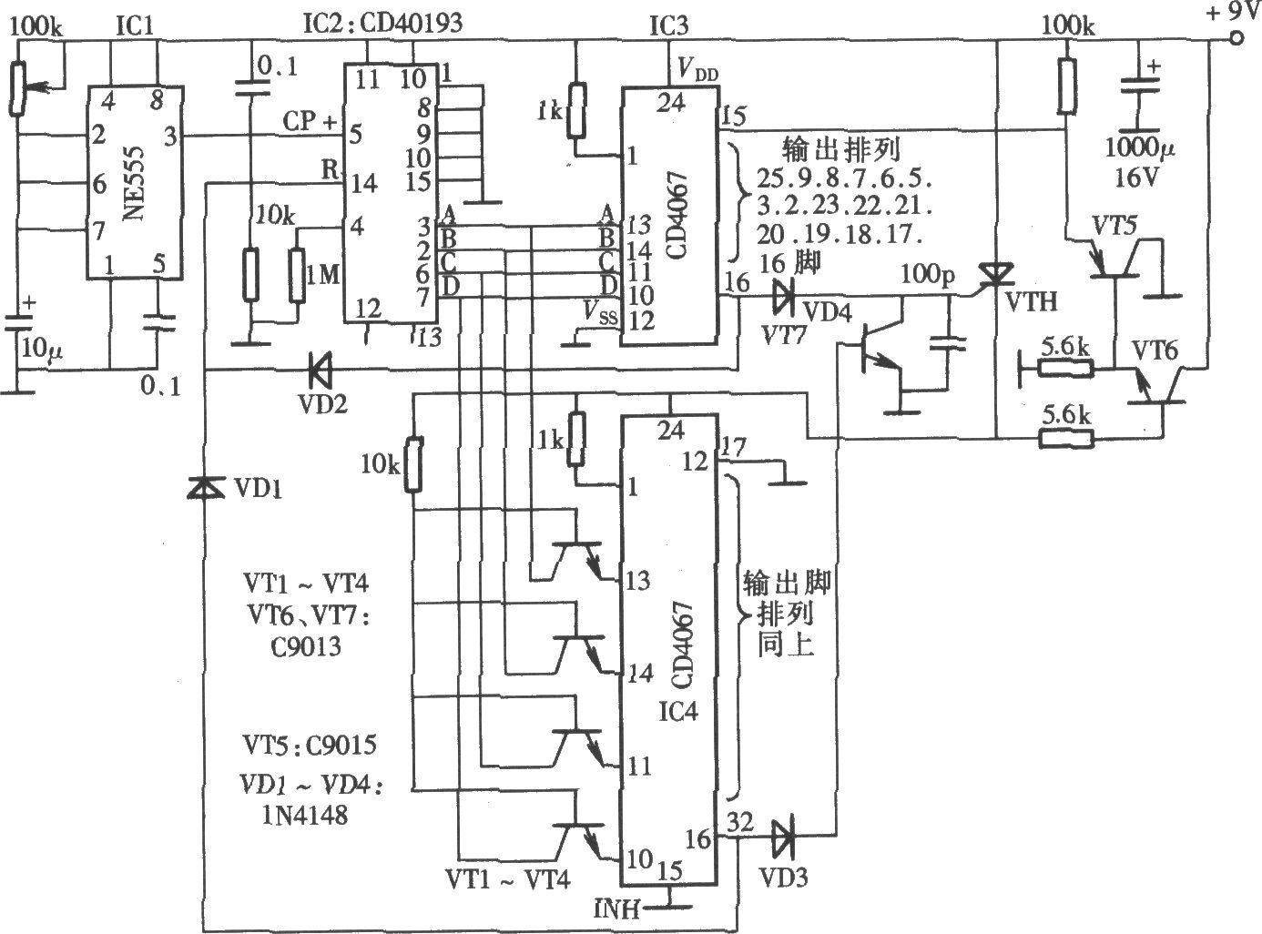 三十位流水灯数控电路(CD4067、CD40193、NE555)