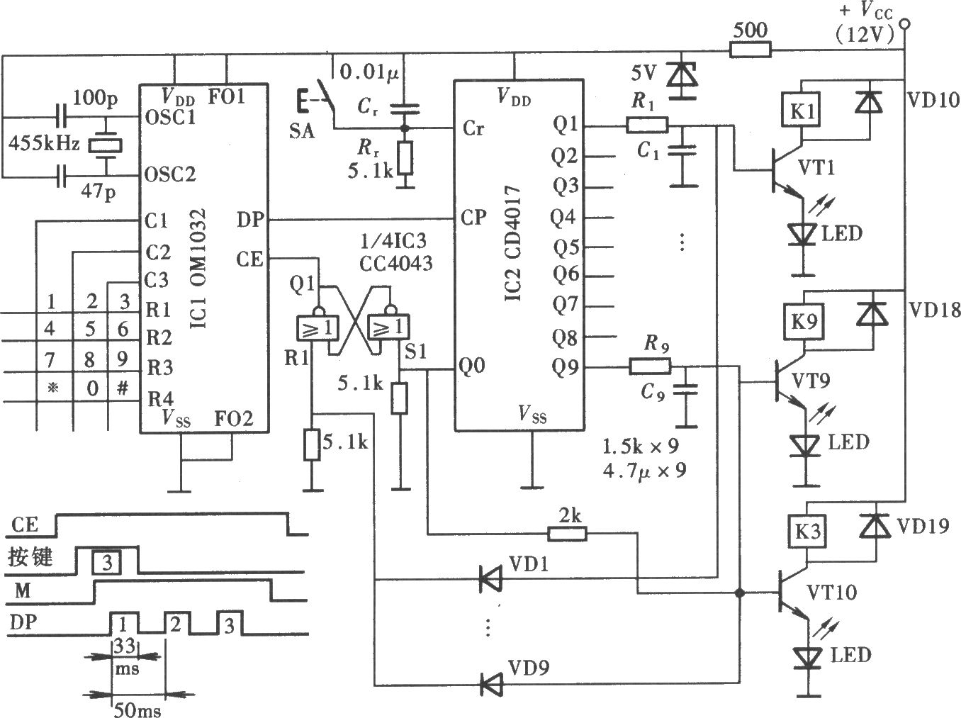 琴键式电子开关电路(OM1032、CD4043、CD4017)