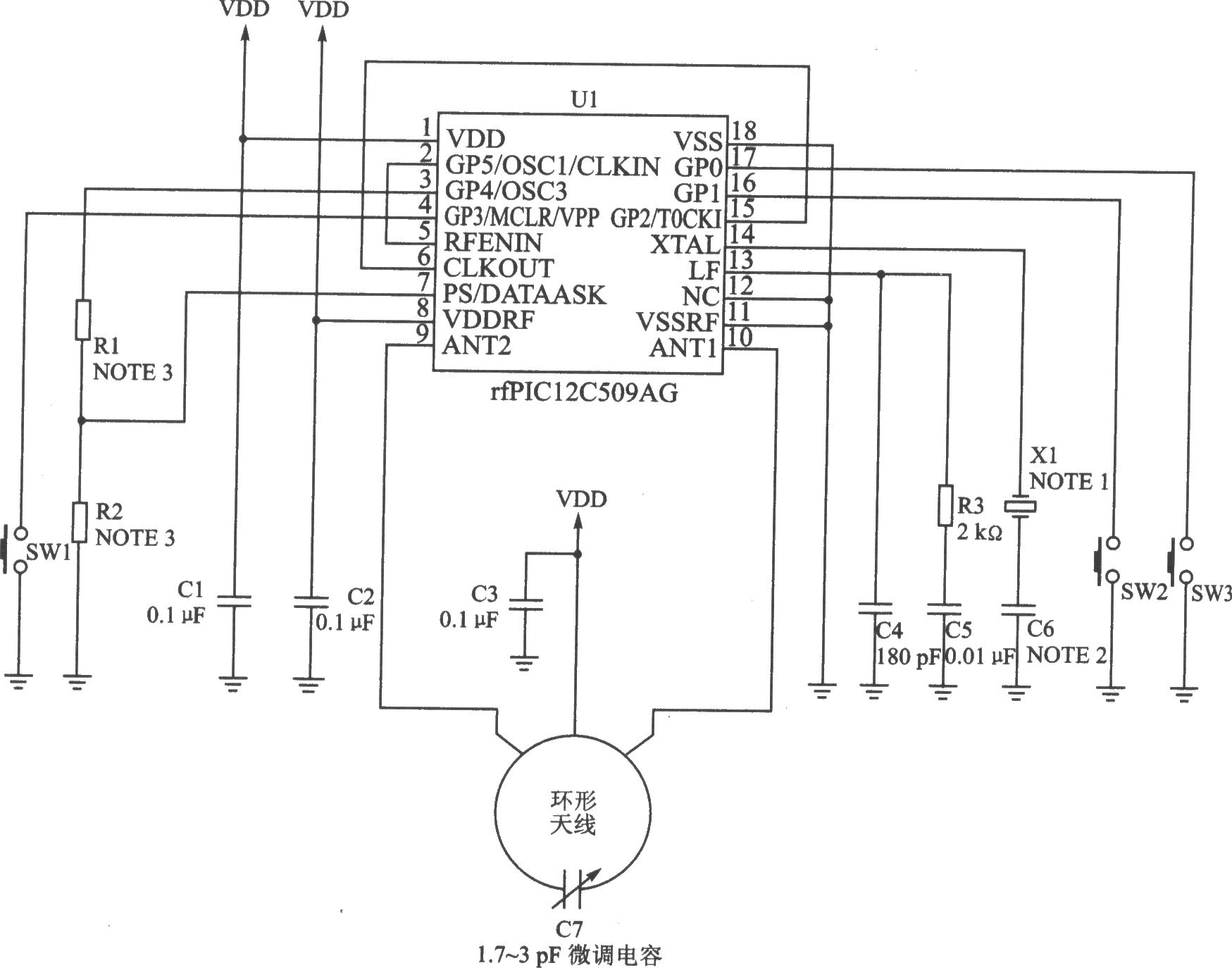 rfPICl2C509AG/509AF ASK/FSK 480～310 MHz带8位微控制器发射器