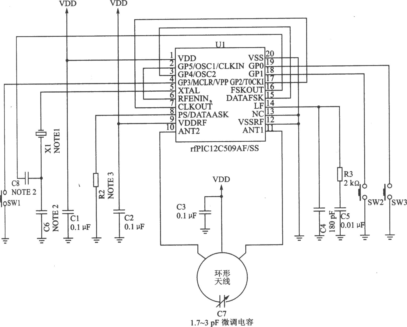 rfPICl2C509AG/509AF ASK/FSK 480～310 MHz带8位微控制器发射器