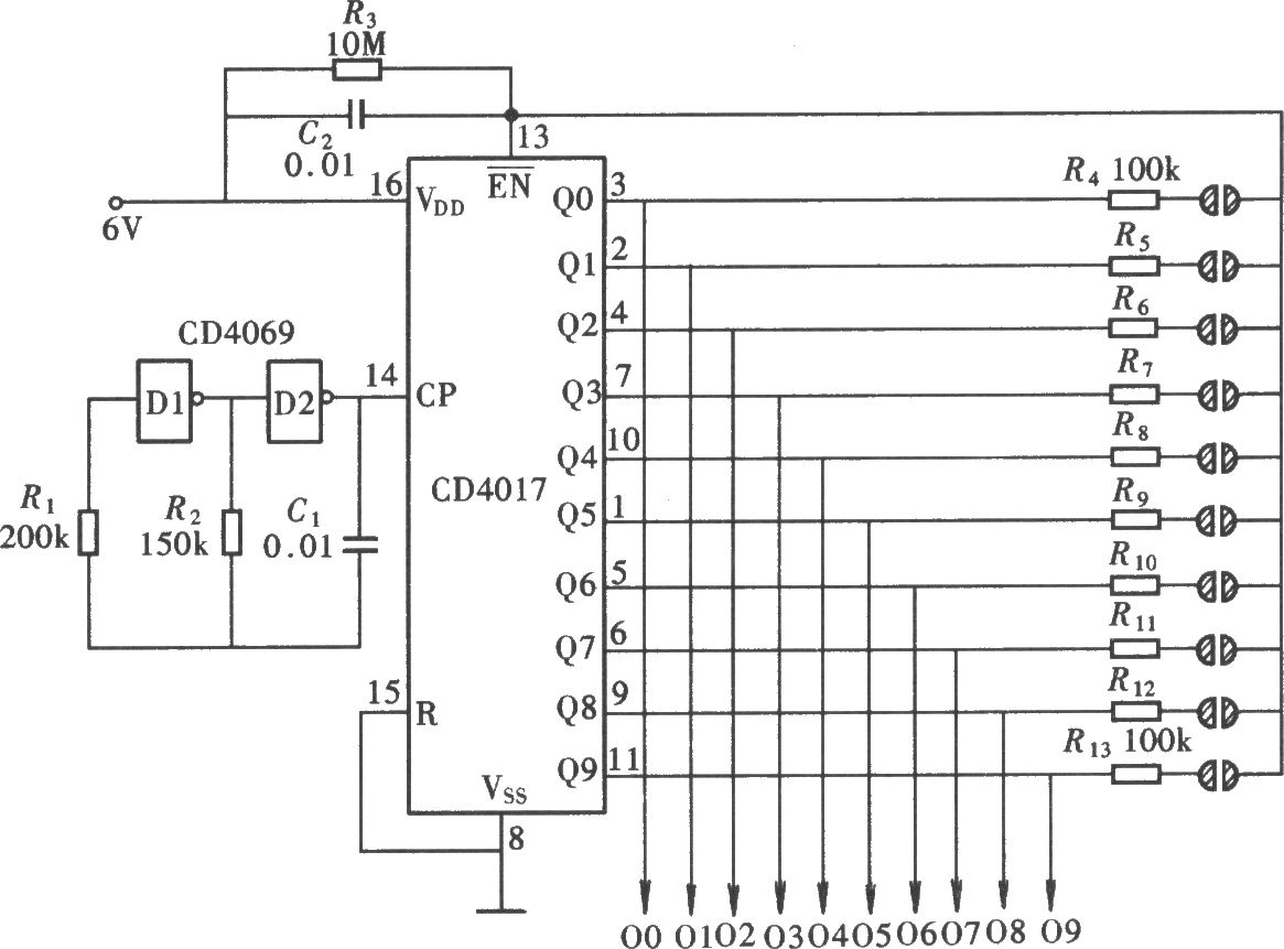 触摸式十挡互锁开关控制器电路(CD4069、CD4017)