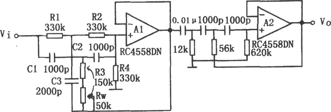 具有锐截止特性的有源高通滤波器(RC4558DN)
