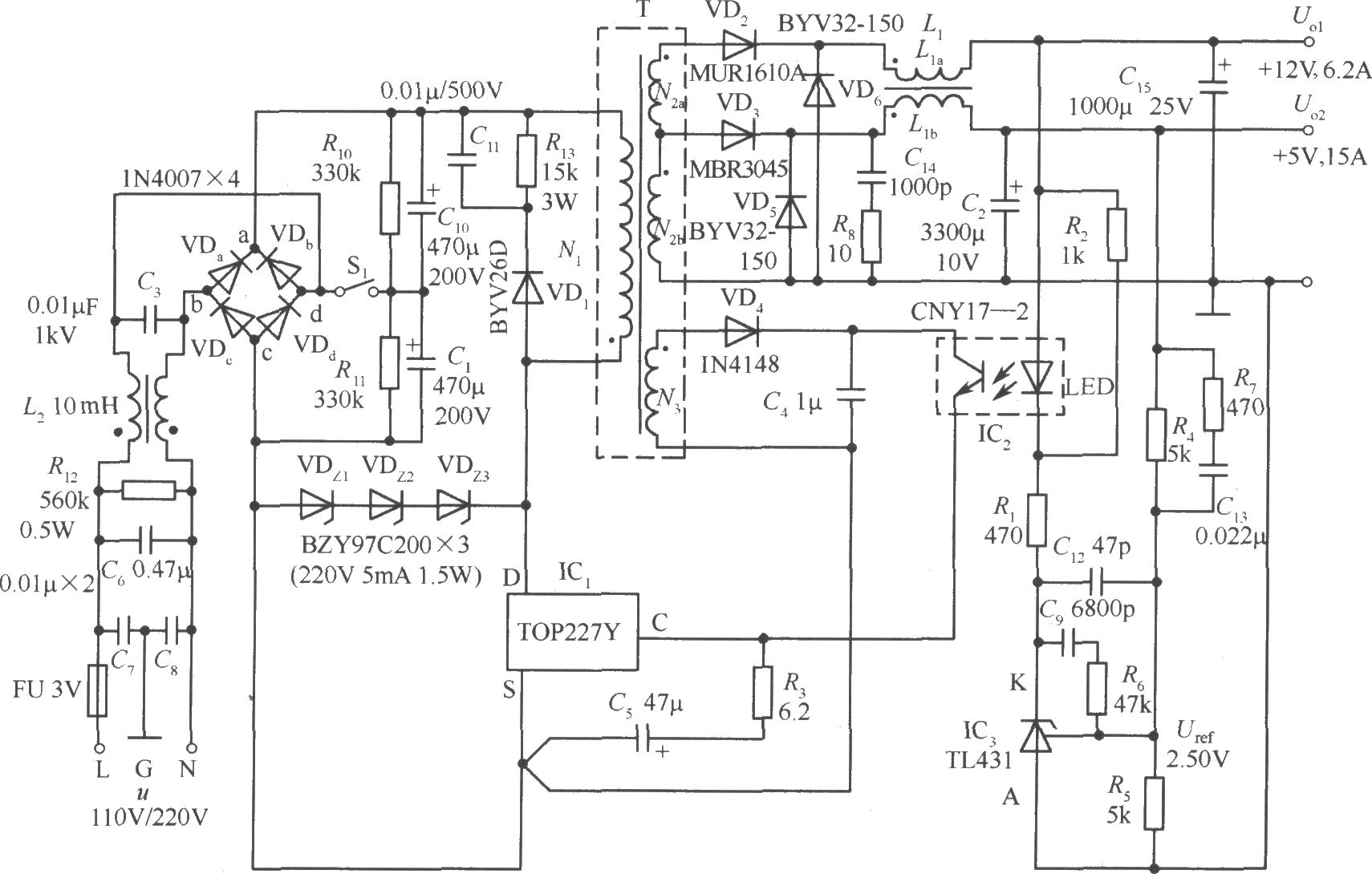 TOP227Y构成的 5V、 12V双路输出l50W反激式开关稳压电源电路