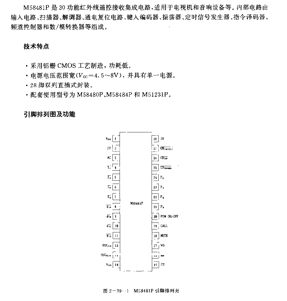 M58481P (电视机和营响设备)30功能红外线遥控接收电路