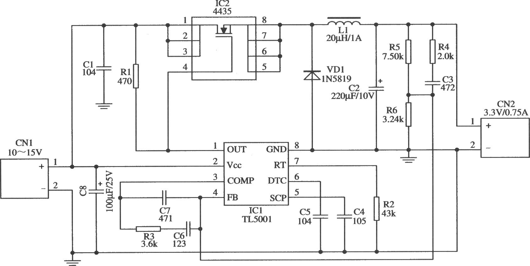 TL5001构成输入5V、输出3.3V／0.75A的开关稳压器应用电路