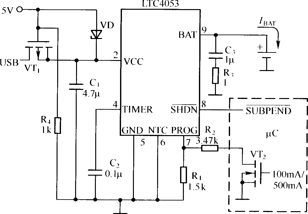 实用的USB接口锂离子电池充电器电路(LTC4053作为控制器）