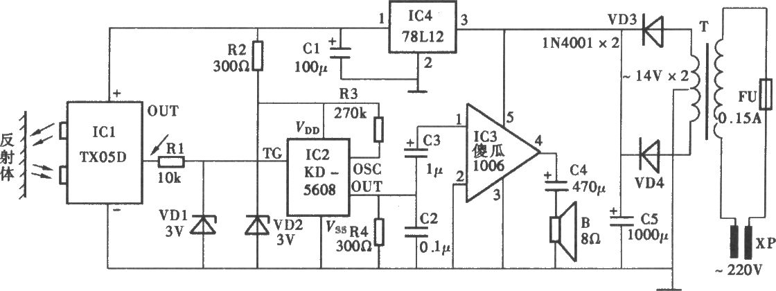 采用TX05D的红外线控制电子狗电路