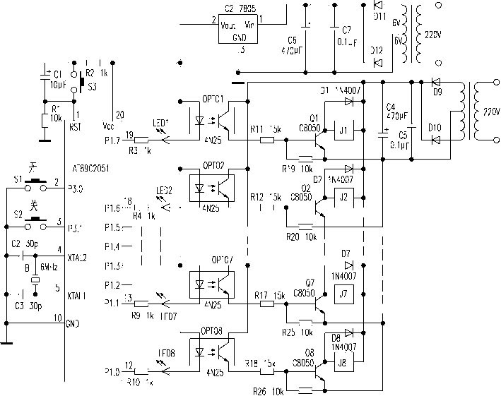 用８９Ｃ２０５１制作八路电热水器顺序延时开关控制