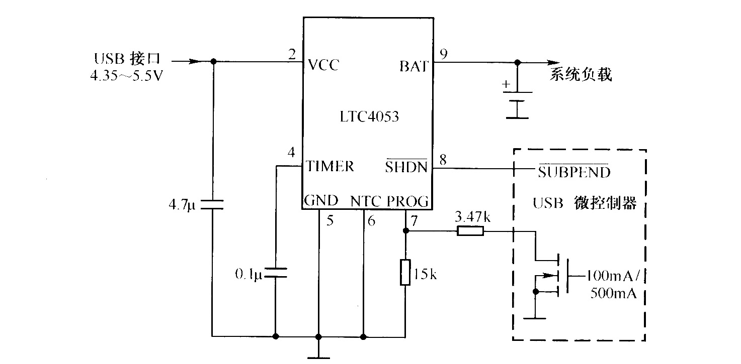 典型LTC4053 USB接口锂离子电池充电器电路
