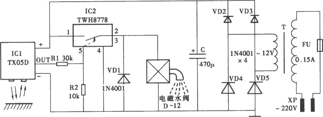 采用TX05D的红外线控制水龙头电路