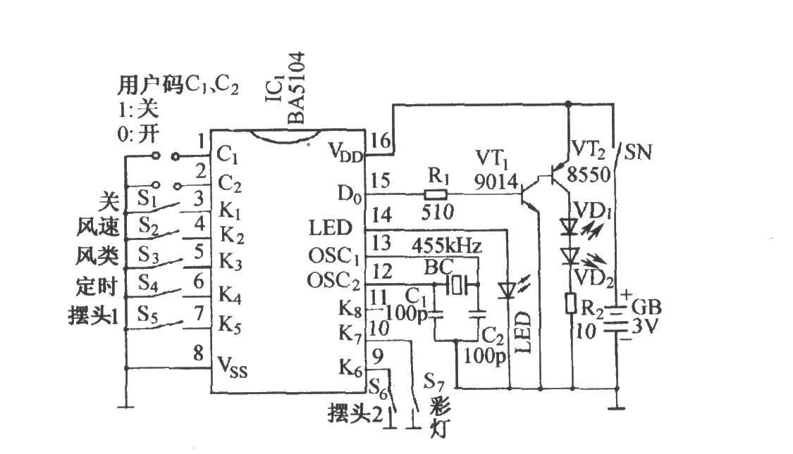 BA5104／BA8207K红外遥控多功能电风扇伴蟋蟀声控制电路