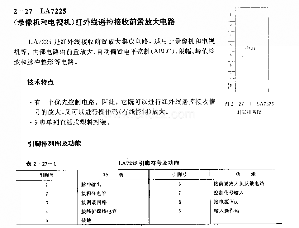 LJA7225 (录像机和电视机)红外线遥控接收前置放大电路