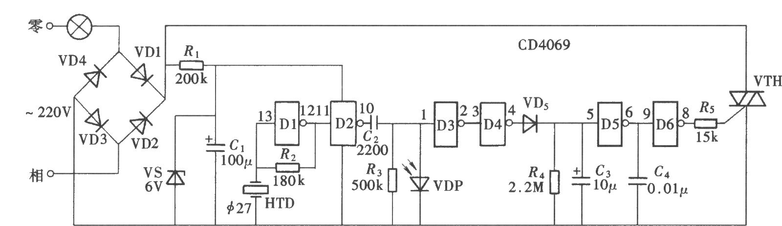 由CD4069组成的声控延时节电开关