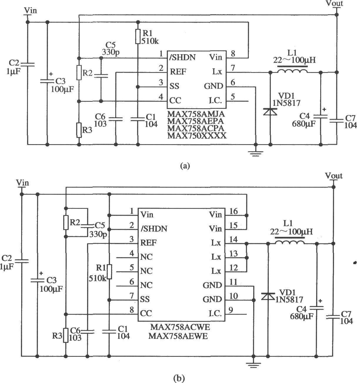 电流型开关集成稳压器MAX750A／MAX758A的典型应用电路