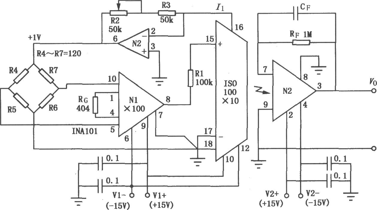 ISO100组成的精密电桥隔离放大电路