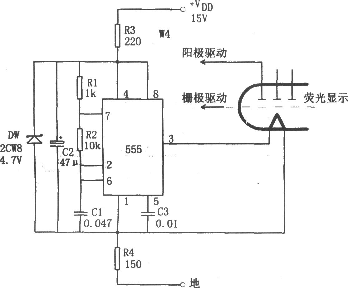 555构成的经济型荧光显示电路